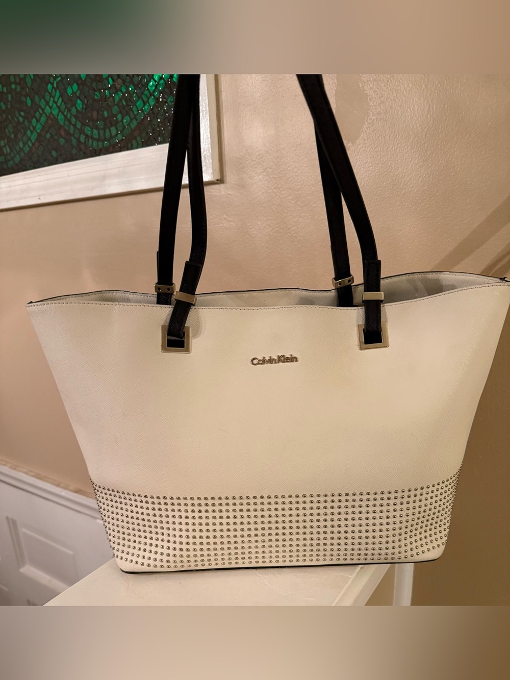 Calvin Klein SCARLETT STUD DETAIL SAFFIANO LEATHER SHOPPER TOTE GUC